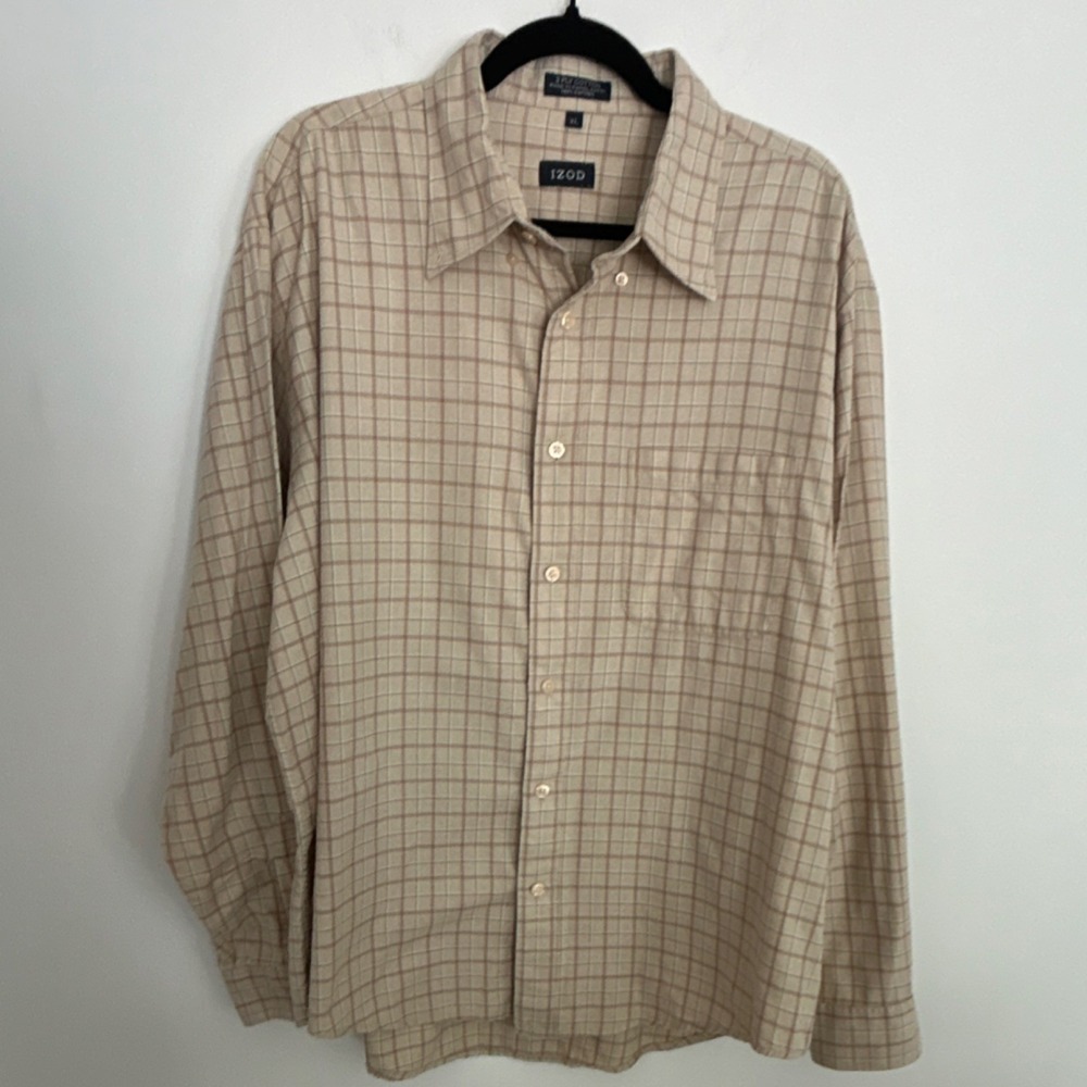 IZOD Men's Beige Brown Check Cotton Button-Up Shirt XL PC-750